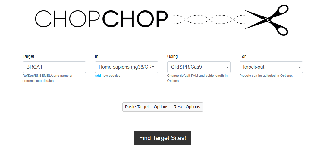 CHOPCHOP input options (Target/In/Using/For form)